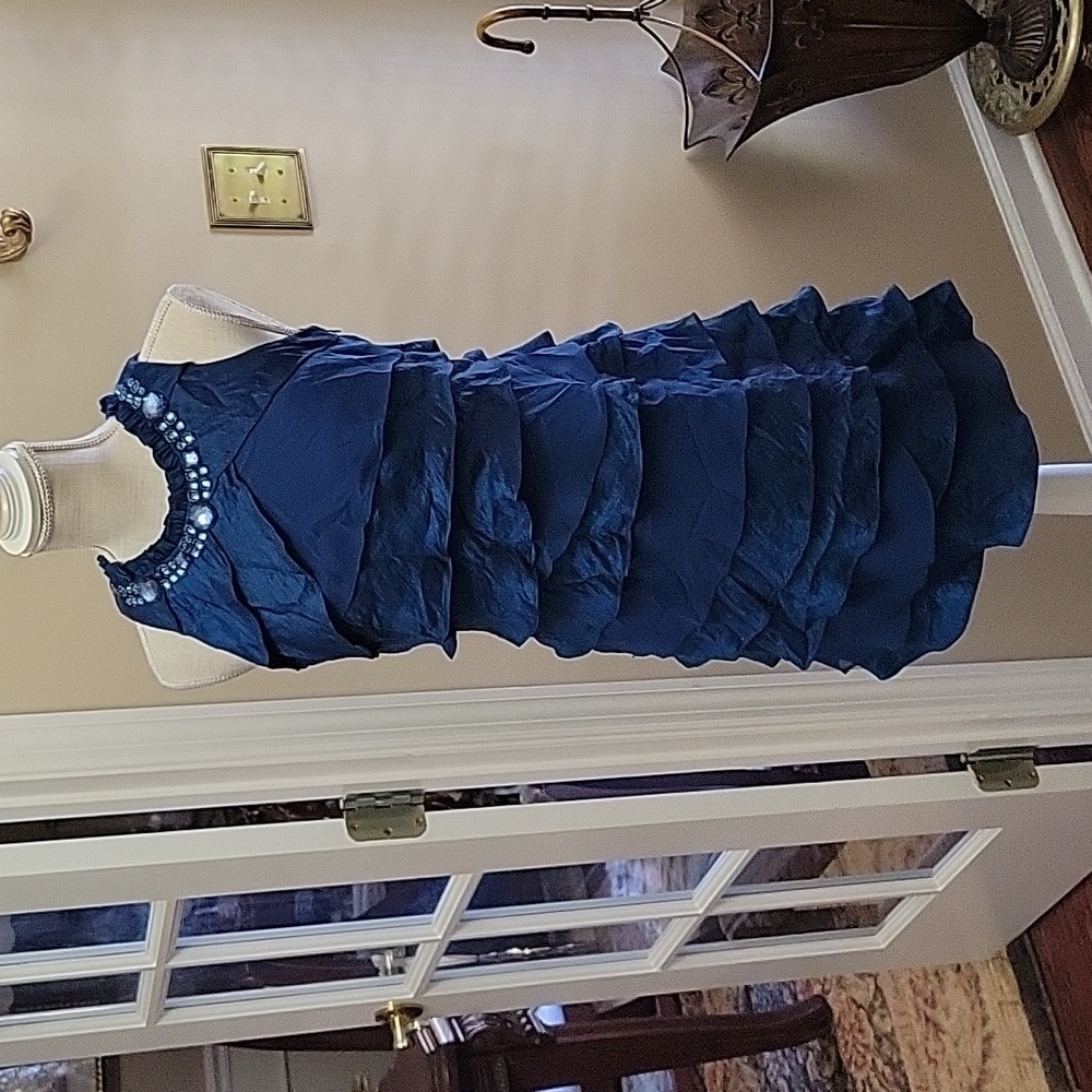 S.L. Fashions dark blue tiered sleeveless dress beaded ruffled neckline 4P EUC …